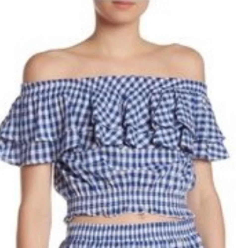 SNEAK PEEK: NWT Denim Ruffled Off-Shoulder Crop Top -Size Large